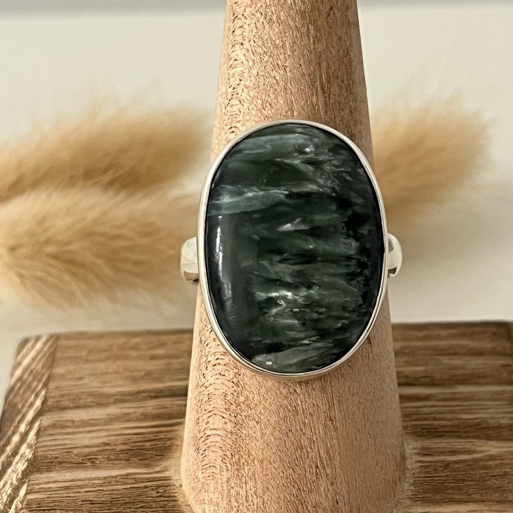 925 Solid Sterling Silver Seraphinite Gemstone Ring Size 10